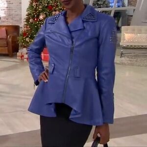 G.I.L.I. Faux Leather Peplum Motorcycle Jacket Deep Cobalt SZ 12